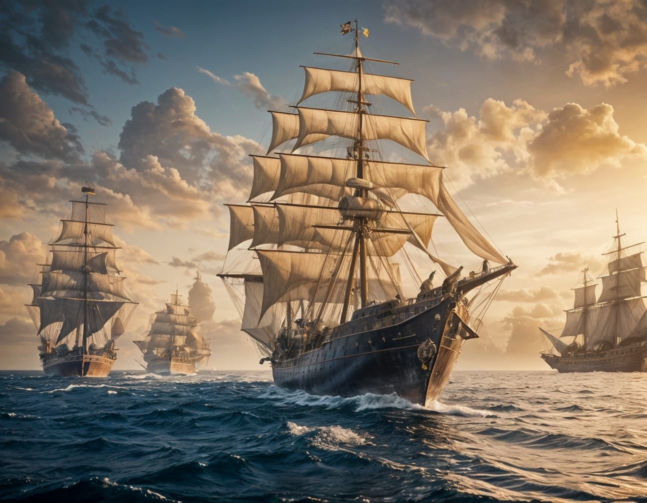 Magnificent Golden Flying Sailing Ship with Rocket Boosters