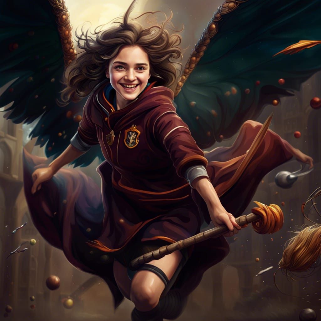 Harry Potter Style Girl Flying in Quidditch Game
