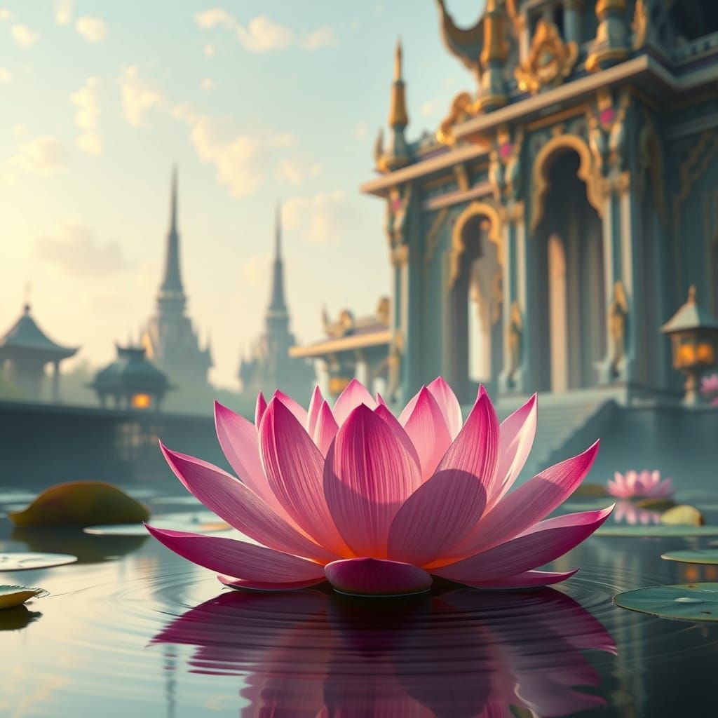 Blooming Lotus Flower with Temple Spires