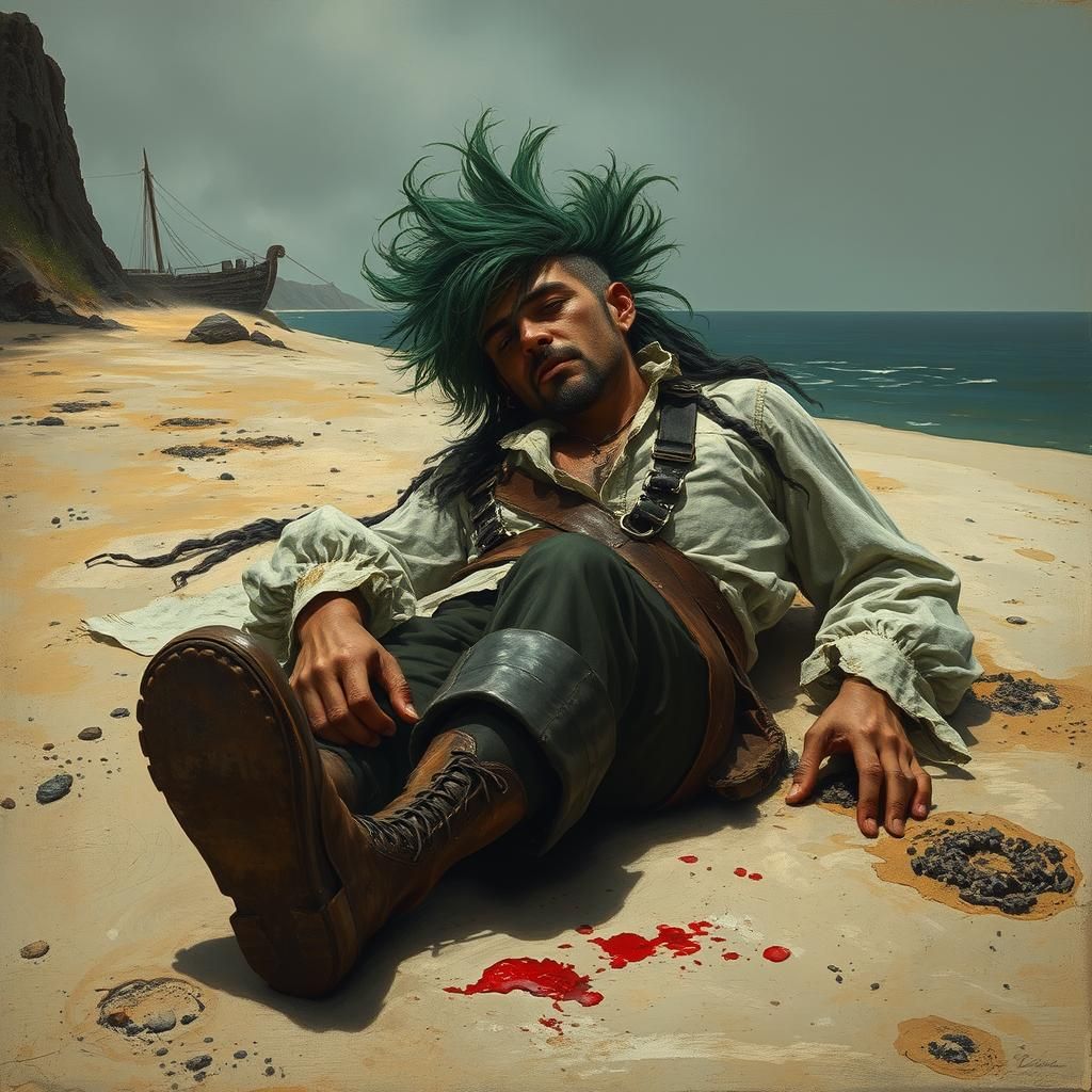 Wounded Pirate on Deserted Island in Surrealist Style