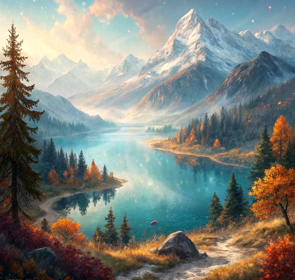 Autumn Mountain Lake: Impressionist Watercolor Painting