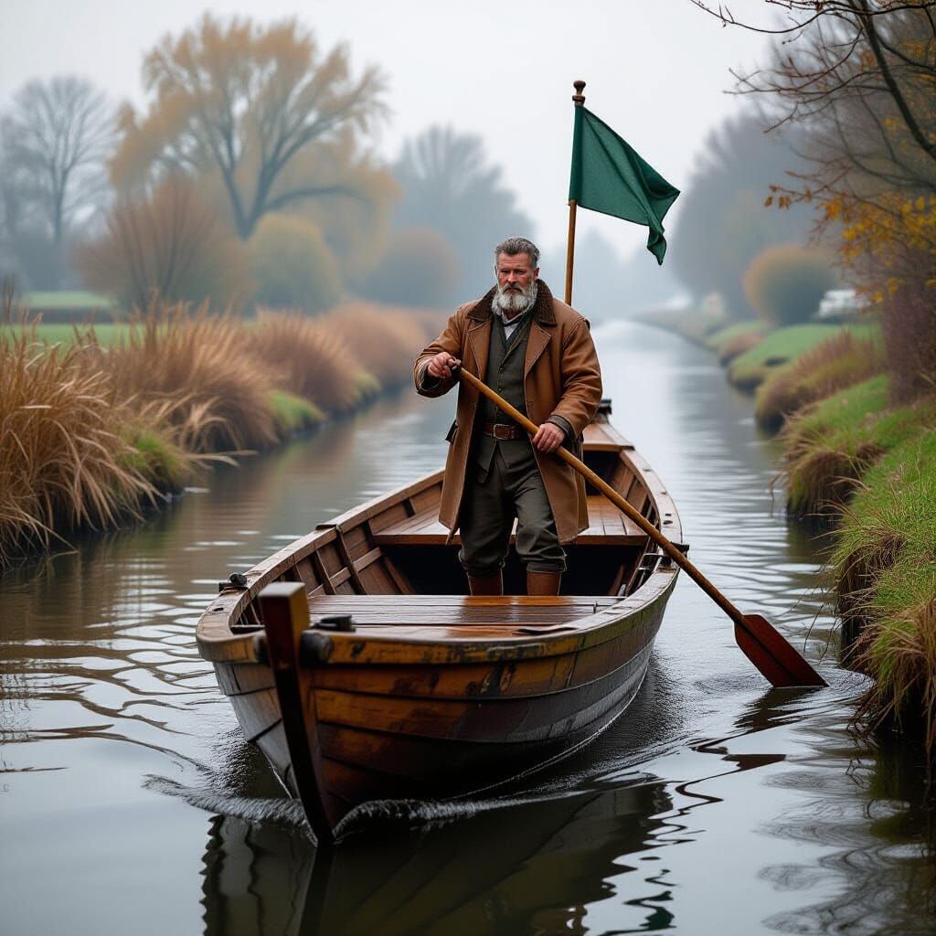 Barge on Misty Canal at Golden Hour