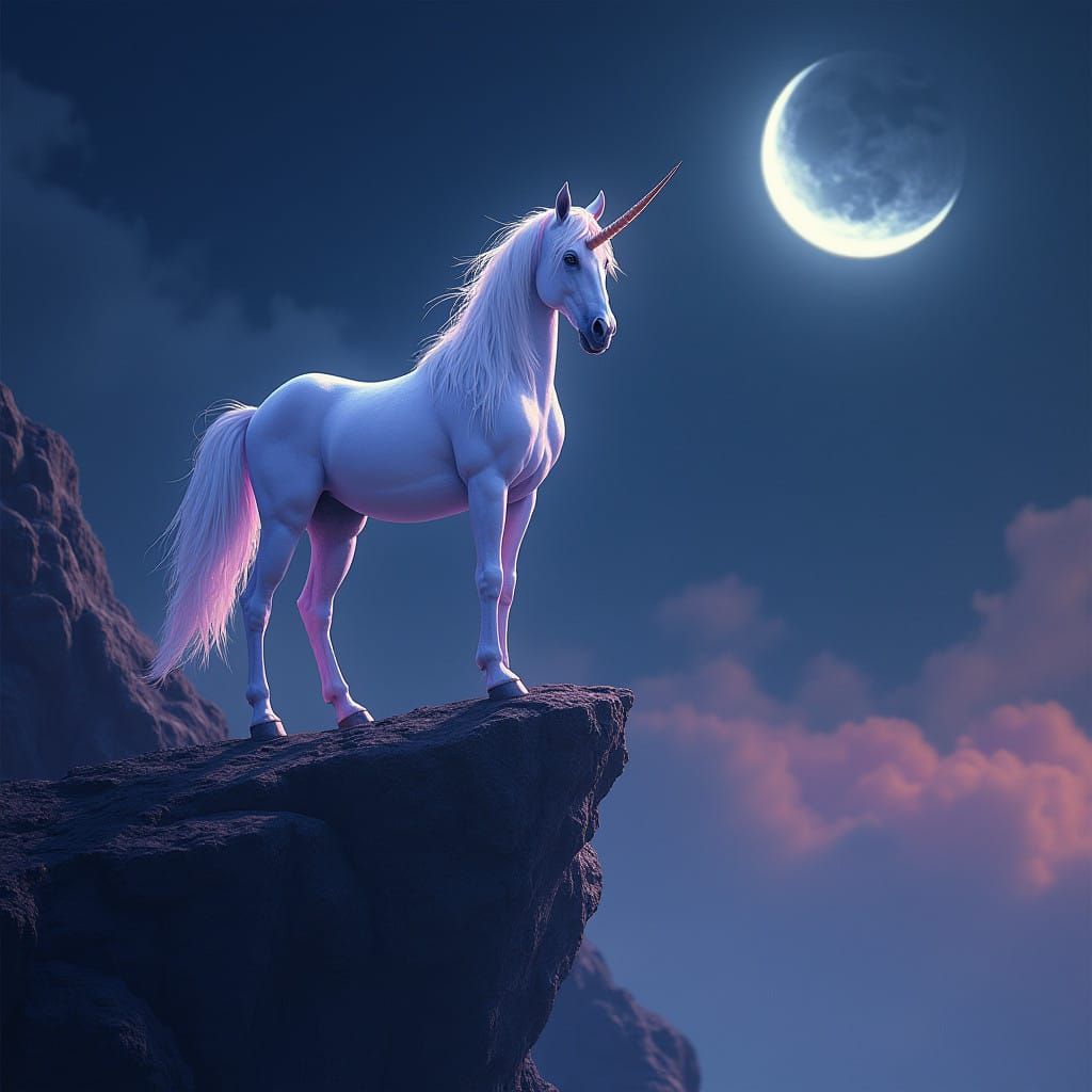 Mystical Unicorn on Cliff's Edge Under Crescent Moon