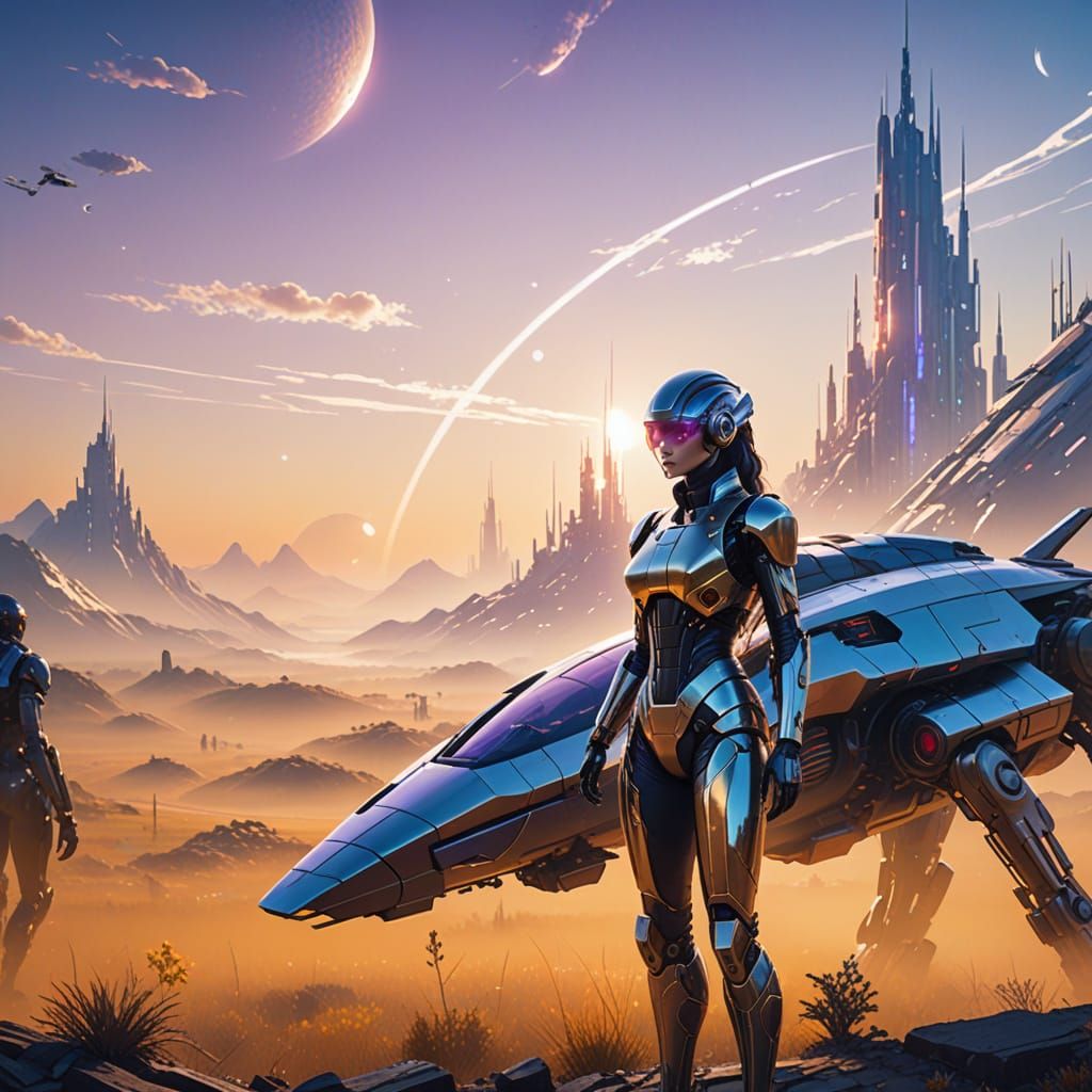 Cybernetic Scientists in a Futuristic Terraformed Landscape