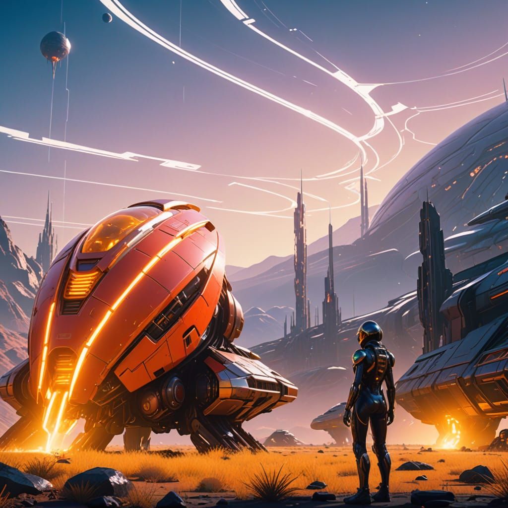 Cyberpunk Scientist Cyborgs Measure Terraformed Planet