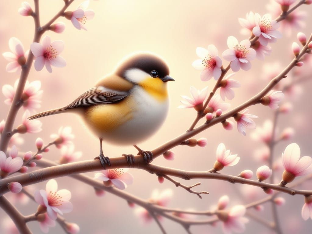 Delicate Whimsy of a Golden Chickadee in Bloom