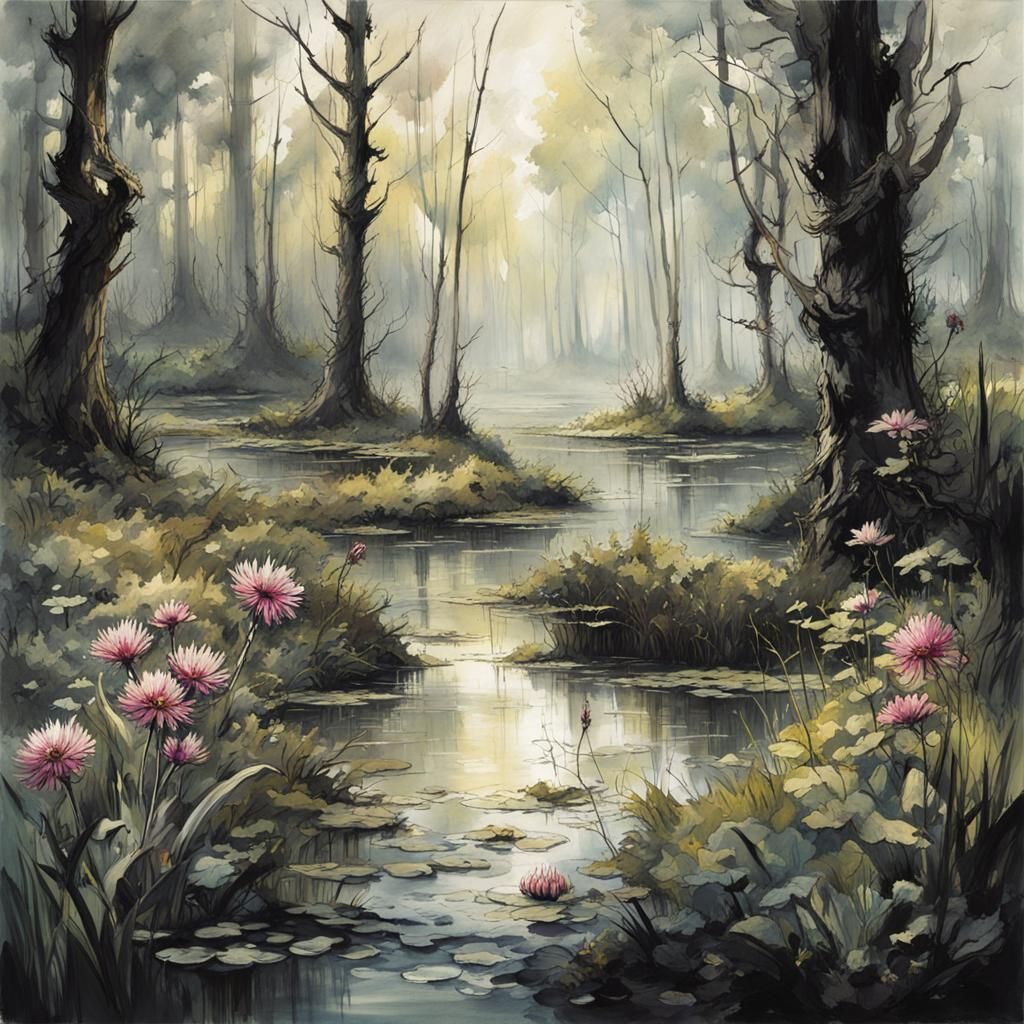 Swampy Forest Ink Drawing in Boldini Style