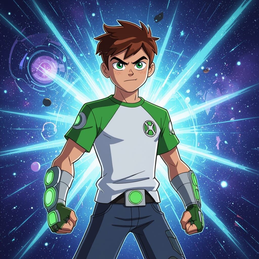 Ben 10 Heroic Pose Amidst Cosmic Background