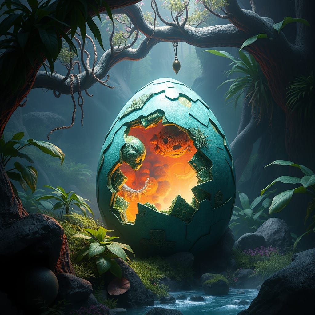 Surreal Jungle Scene in Deep, Fantasy-Inspired Colors