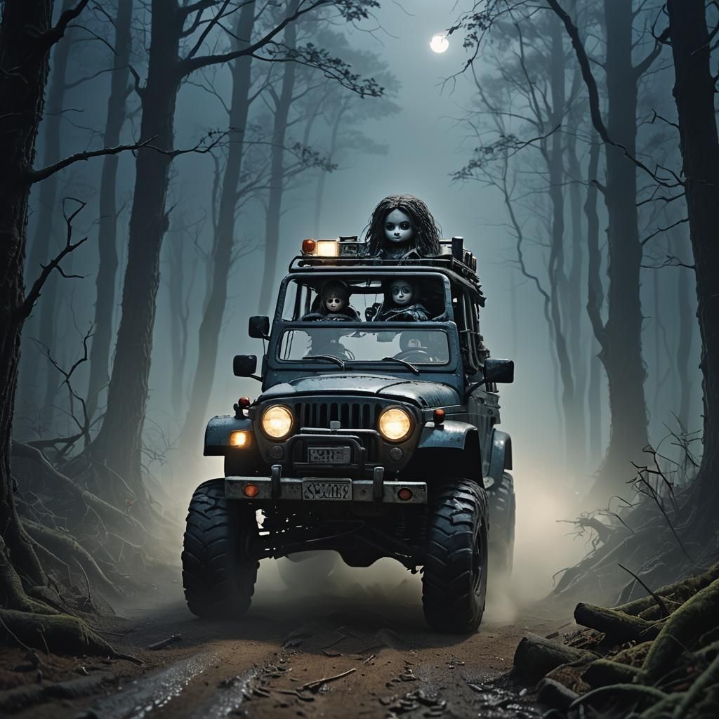 Creepy Doll Drives 4x4 Through Misty Forest