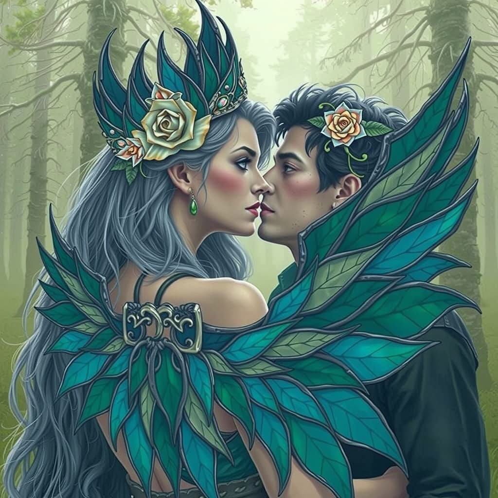 Ethereal Woman with Green Eyes and Silver Hair, Adorned with...