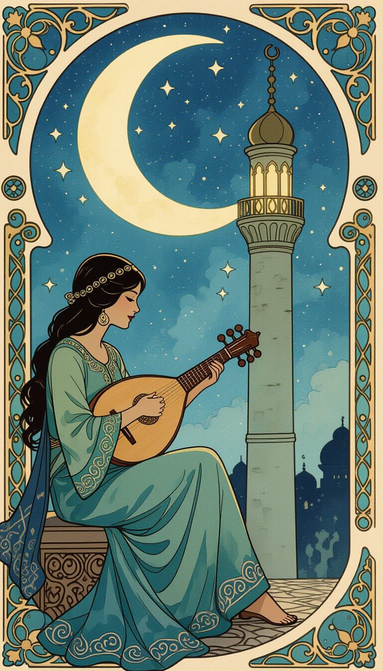 Moonlit Oud Player in Art Nouveau Style