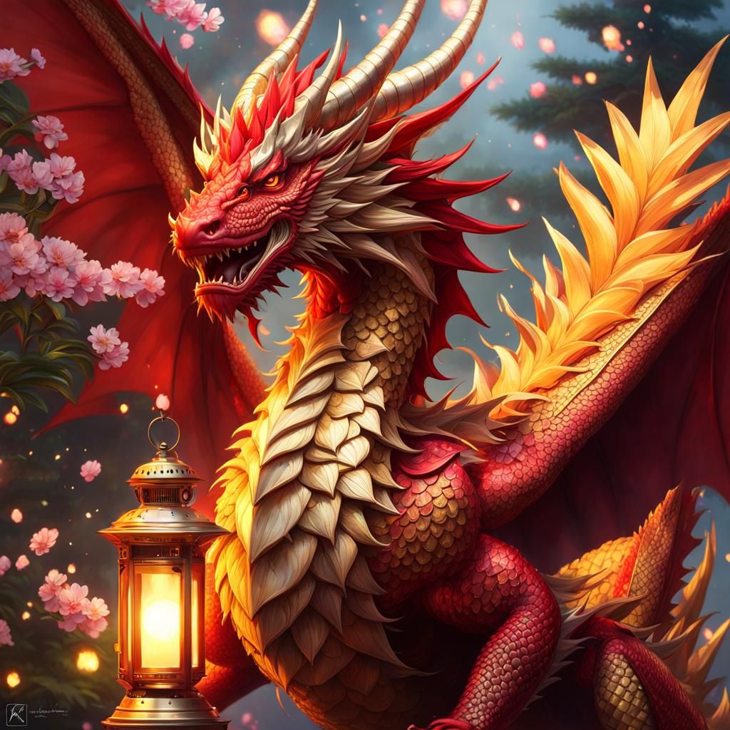 Majestic Red and Gold Dragon with Fireworks