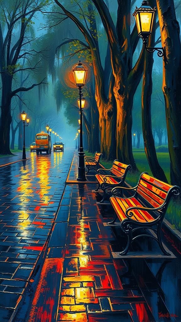 Rainy Park Alley in Neo-Impressionist Style