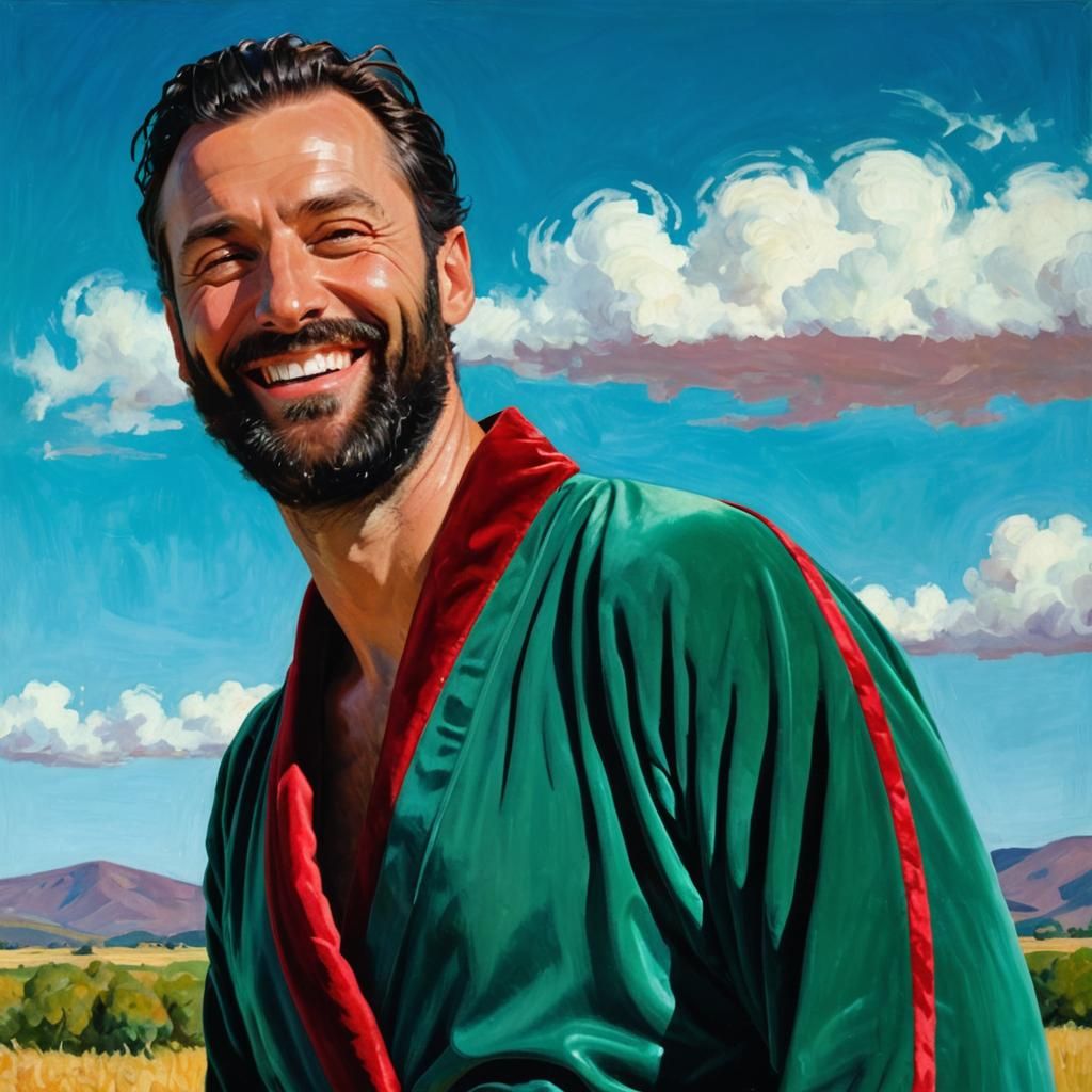 Smiling Bearded Man in Velvet Bathrobe