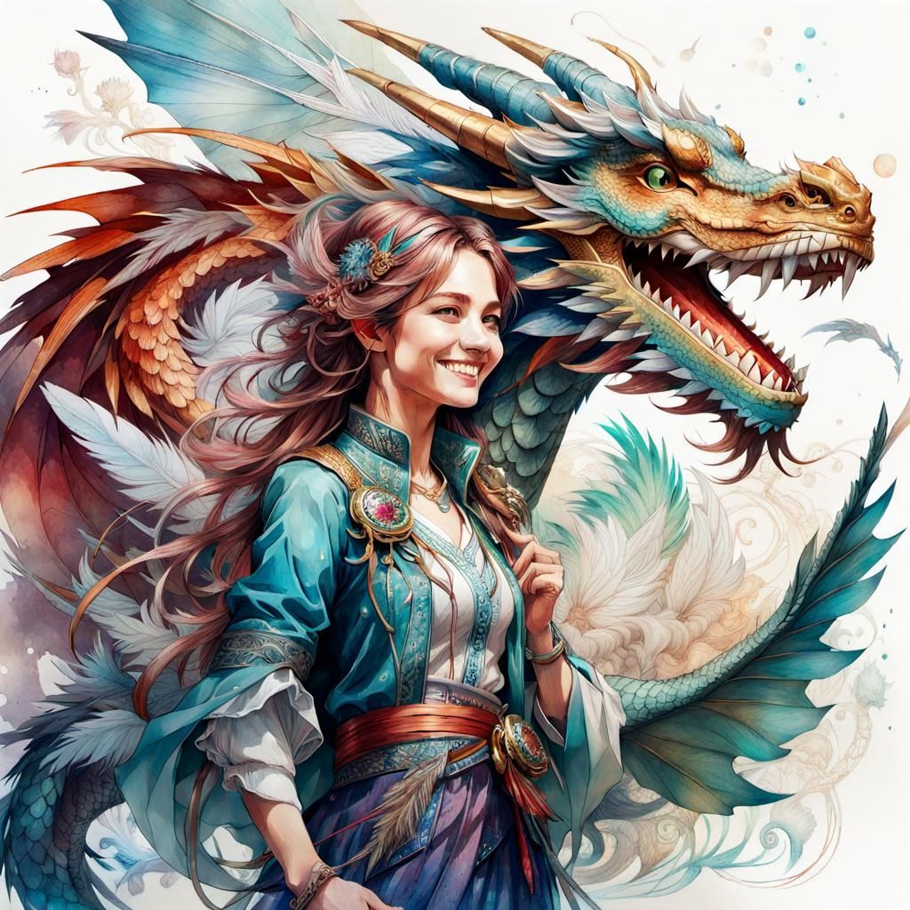 Woman Plays With Feathered Dragon in Anime Style