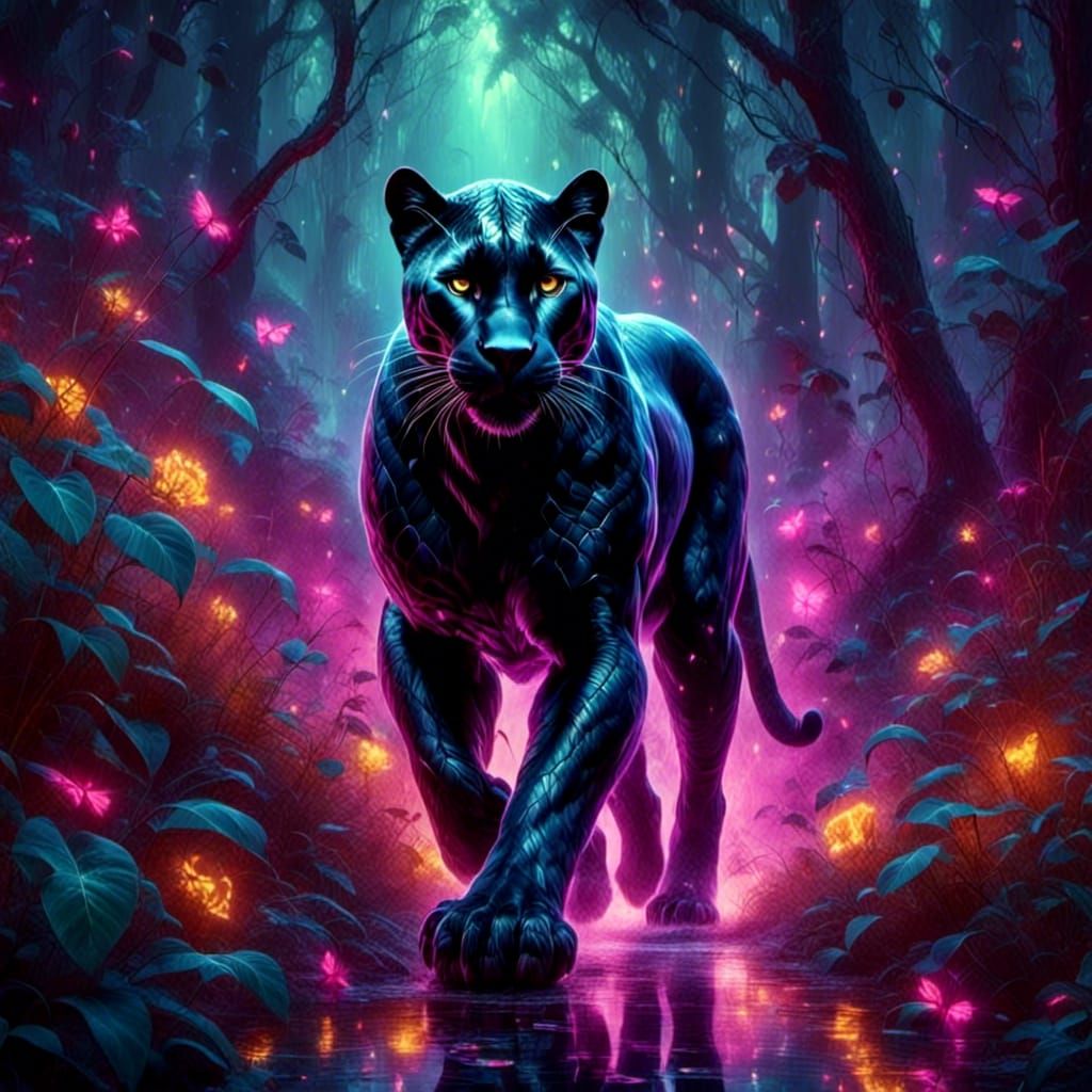 a black panther in neon colors walking through an enchanted ...