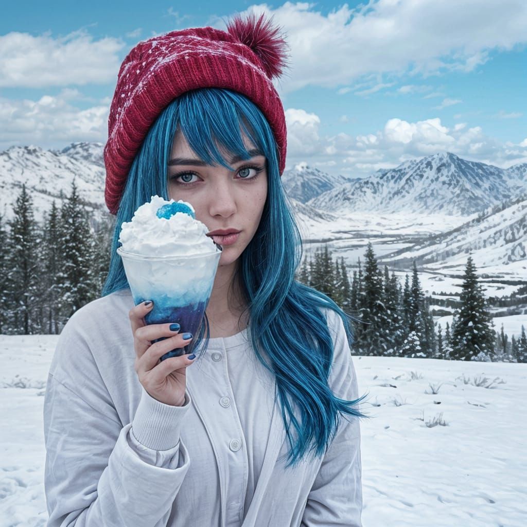 Attractive Woman Enjoying a Sweet Summer Treat in the Snow