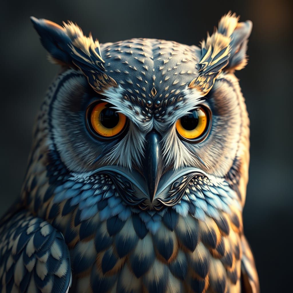 A highly realistic owl with deep blue sapphire feathers that reflect light like gemstones, intricate feather patterns re...