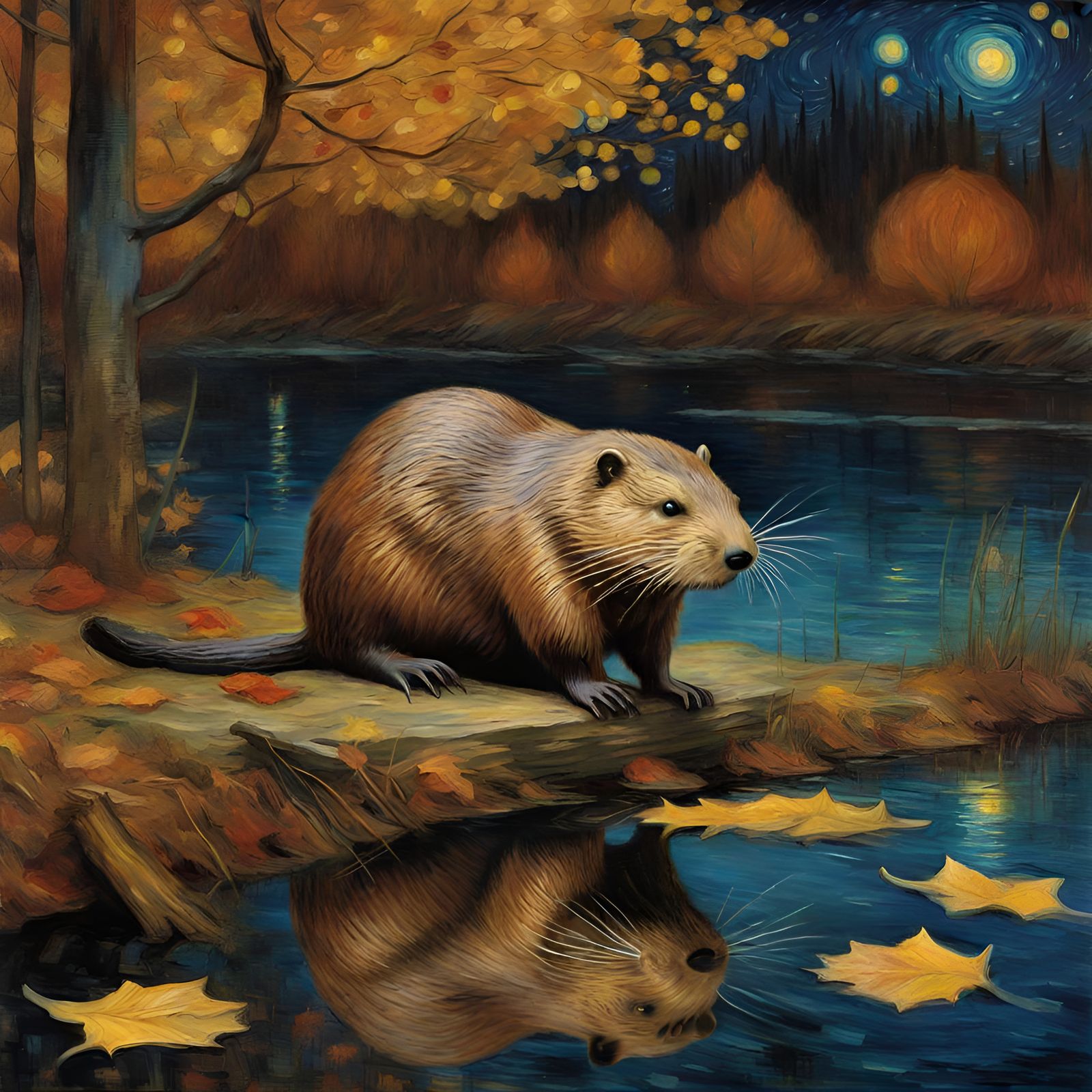 Beaver in Autumn Pond, Van Gogh Style