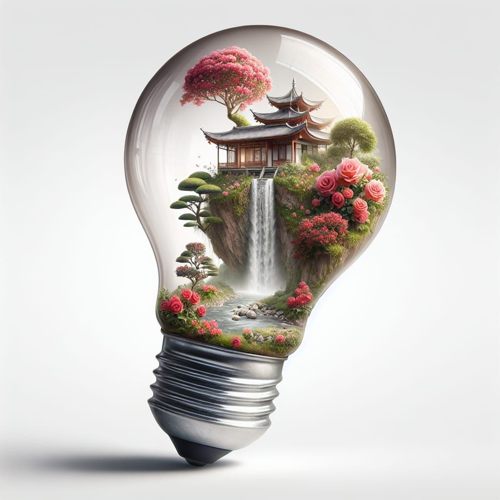 Glass Bulb Miniature Asian House Fantasy Artwork