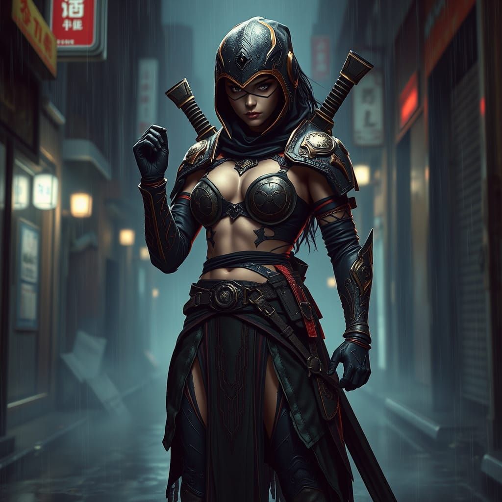 Futuristic Ninja in Rain: Hyperrealistic Film Noir