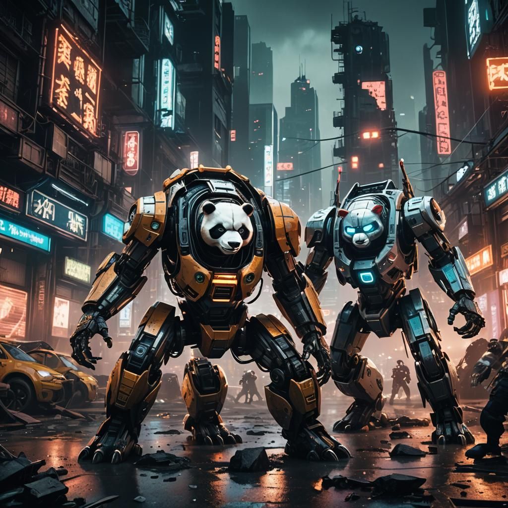 Futuristic Mech Battle: Pandas vs Sloths in Cyberpunk City
