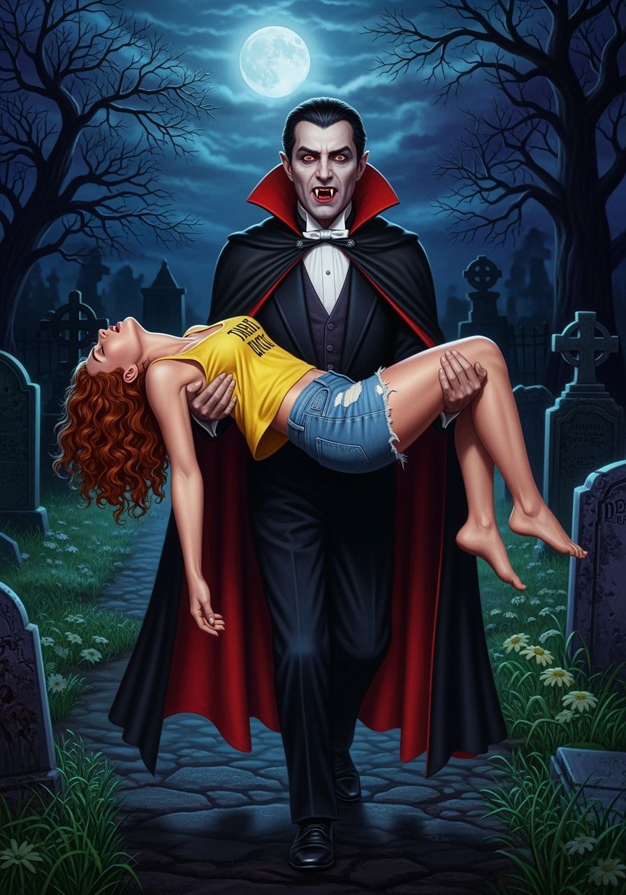 Dracula Carries Woman Through Cemetery in Hyperrealism