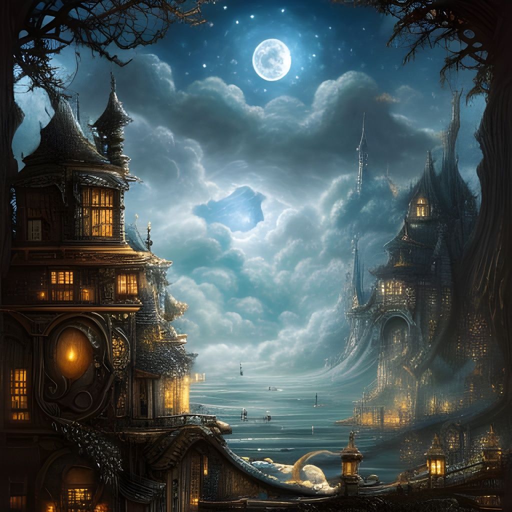 Clockpunk Bonsai Village Seascape with Moon