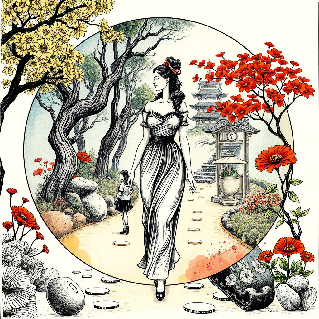 18th Century Woman in Zen Garden: Fine Line Art