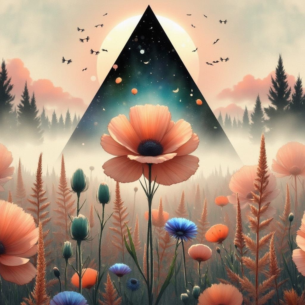 Whimsical Woman in a Field of Pastel Botanicals