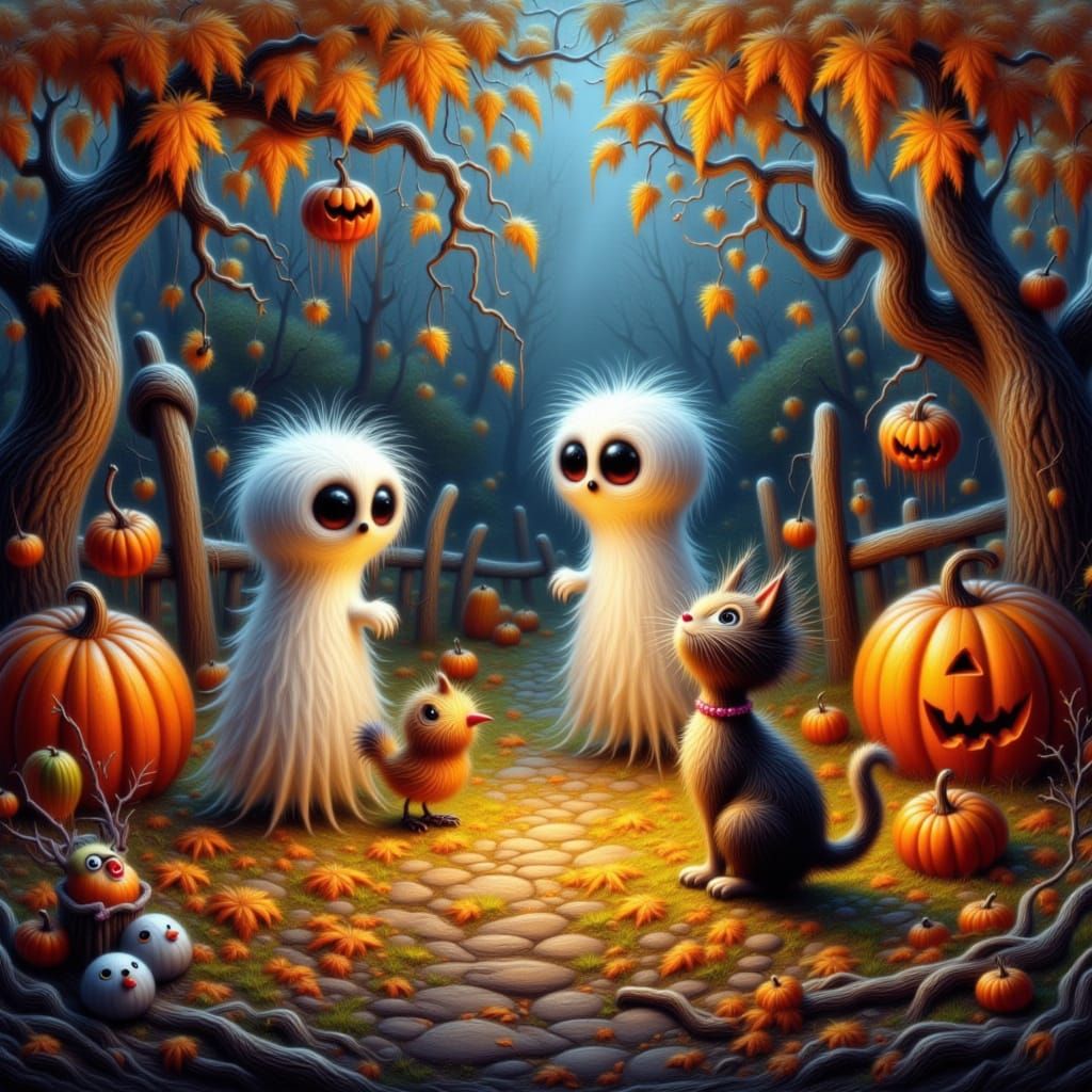 Enchanted Autumn Forest Reunion of Ghosts, Bird, and Cat
