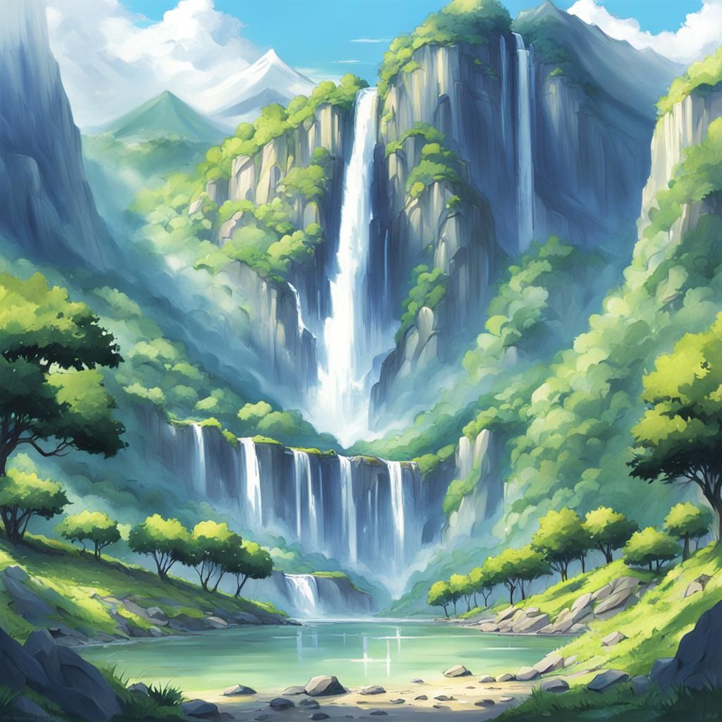 Anime Waterfall and Mountains in Manga Style