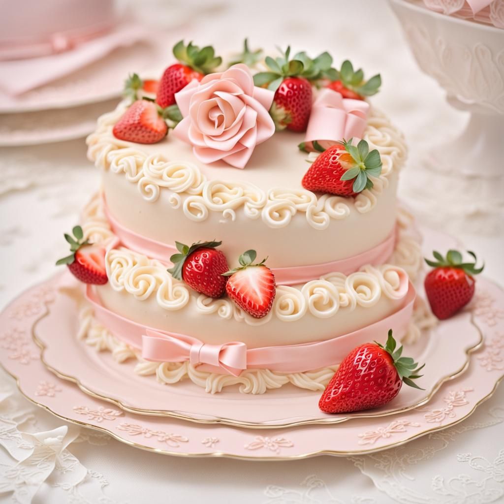 Vintage Strawberry Cake with Bows on Elegant Plate