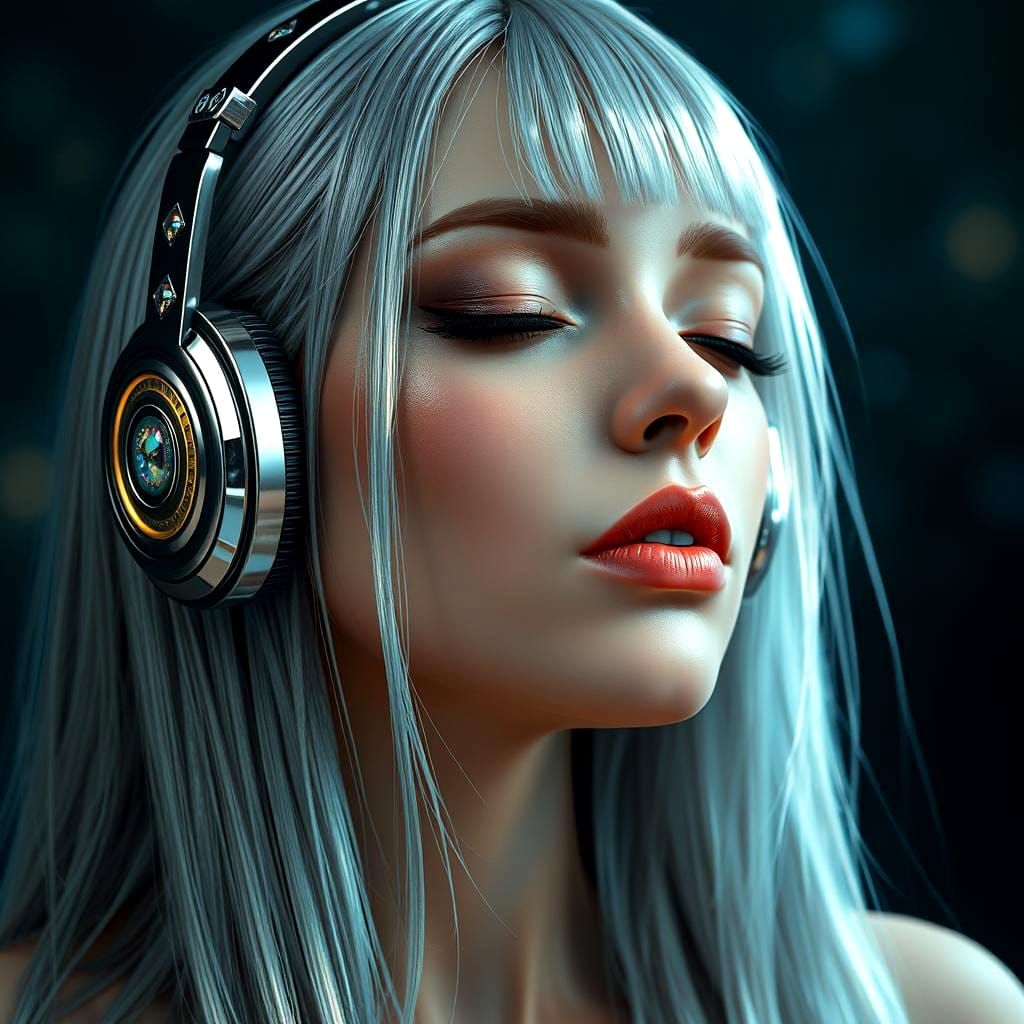 Ethereal Woman Listening to Music, Hyperdetailed Portrait
