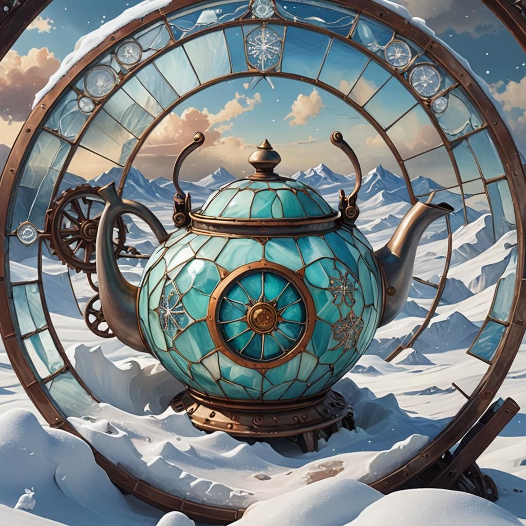 Stained Glass Teapot on Wheels in Frozen Wasteland