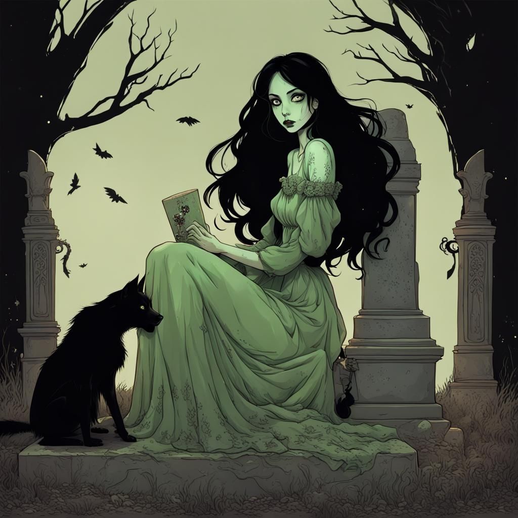 Witch on Tombstone Watching Zombie, Abigail Larson Style