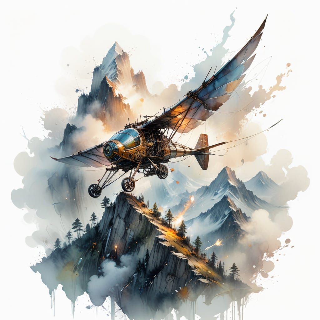 Steampunk Ornithopter in Watercolor Splash Art Style