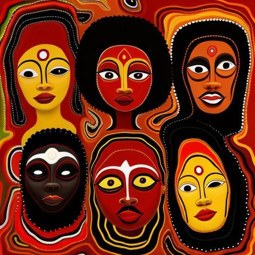 Abstract Faces in Red: Aboriginal Surrealist Oil Painting