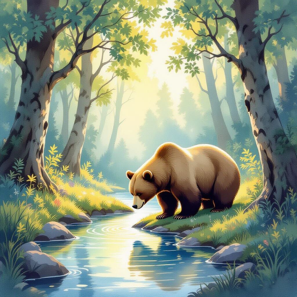 Majestic Bear Drinks from Enchanted Stream in Forest Clearin...