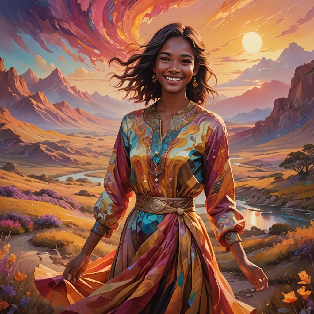 Girl with Welcoming Smile in Surreal Oil Painting