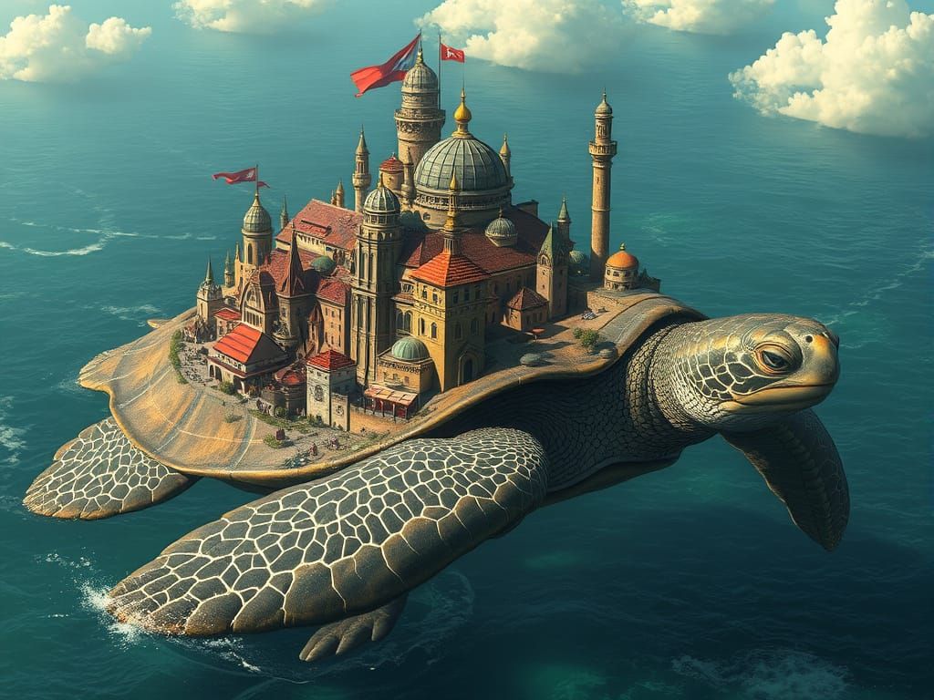 Fantasy City on Giant Sea Turtle's Back
