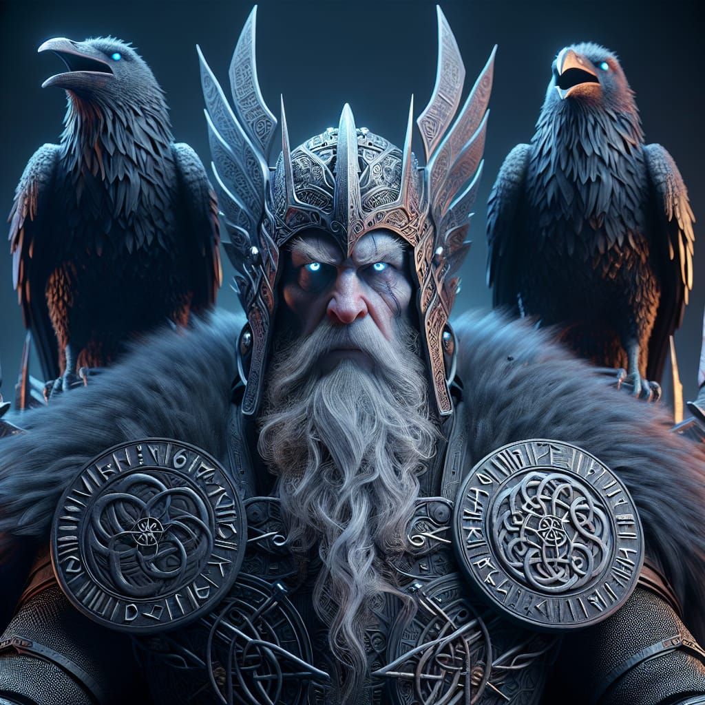 Hyper-Realistic Nordic Deity with Raven Companions