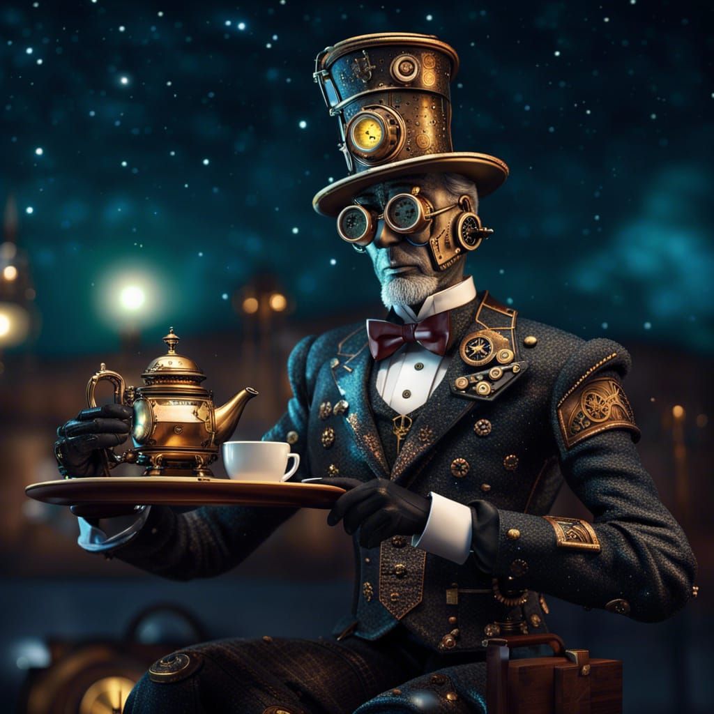 Steampunk Robotic Butler Serving Tea Under Starry Night