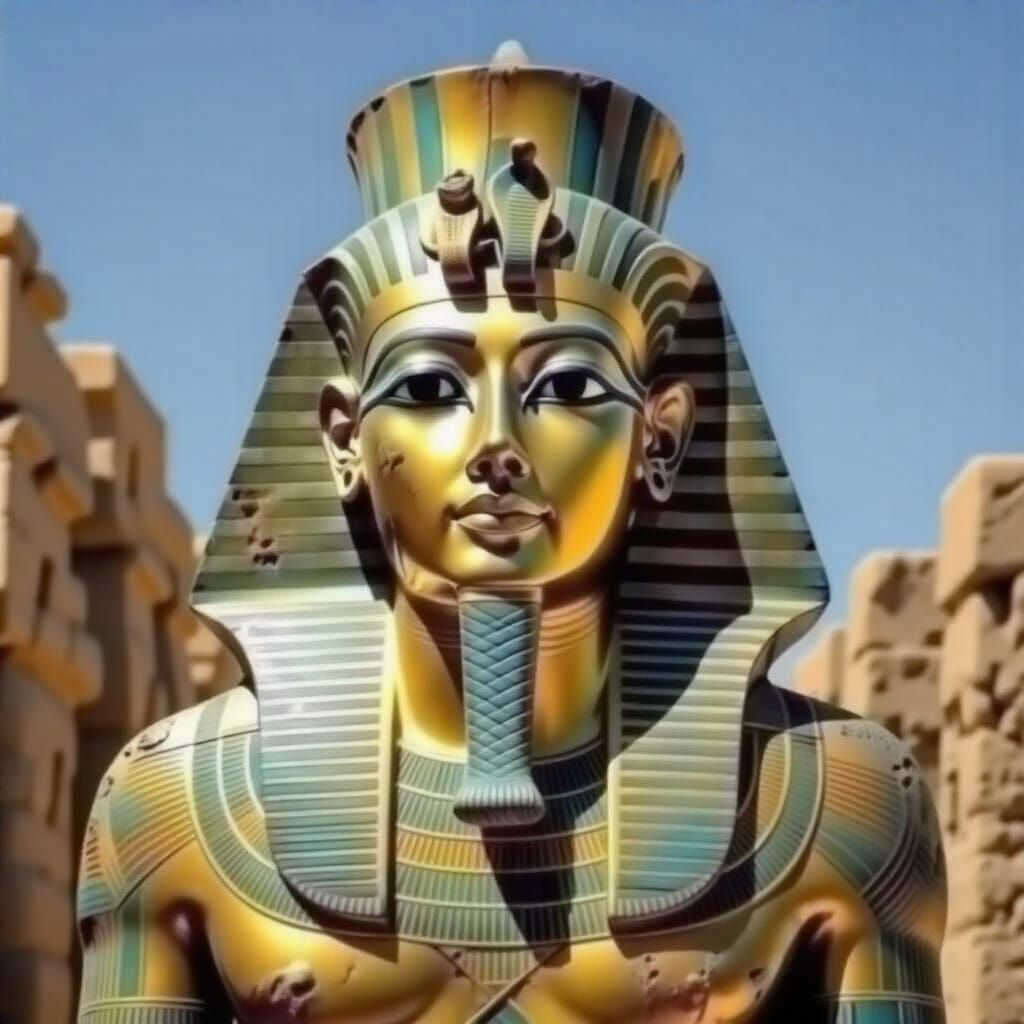 Ancient Egyptian Pharaoh Statue with Golden Blue Headdress