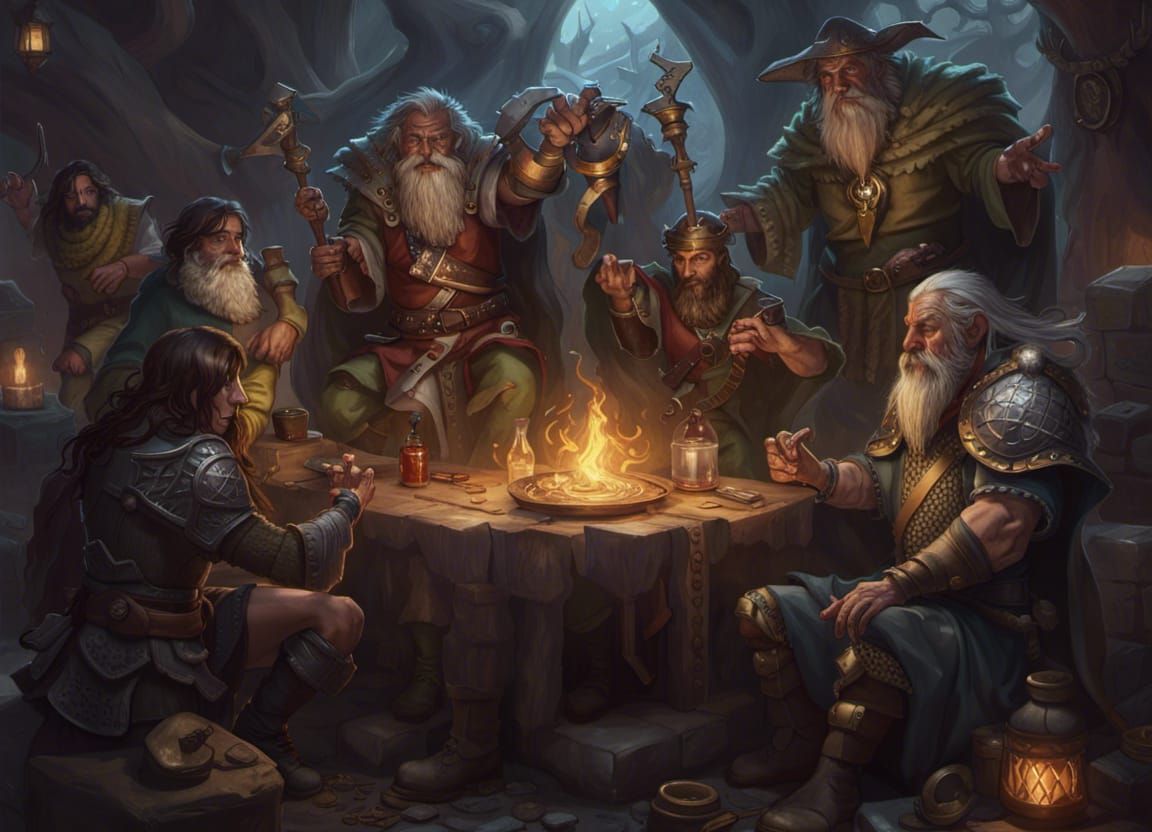 Epic D&D Party in Dark Fantasy Style