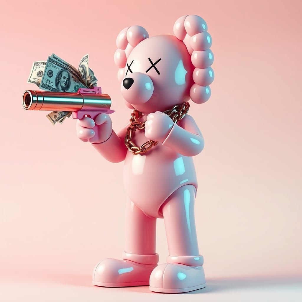 Pastel Pink KAWS Bear Wields Pink Money Gun in Hyper-Realist...