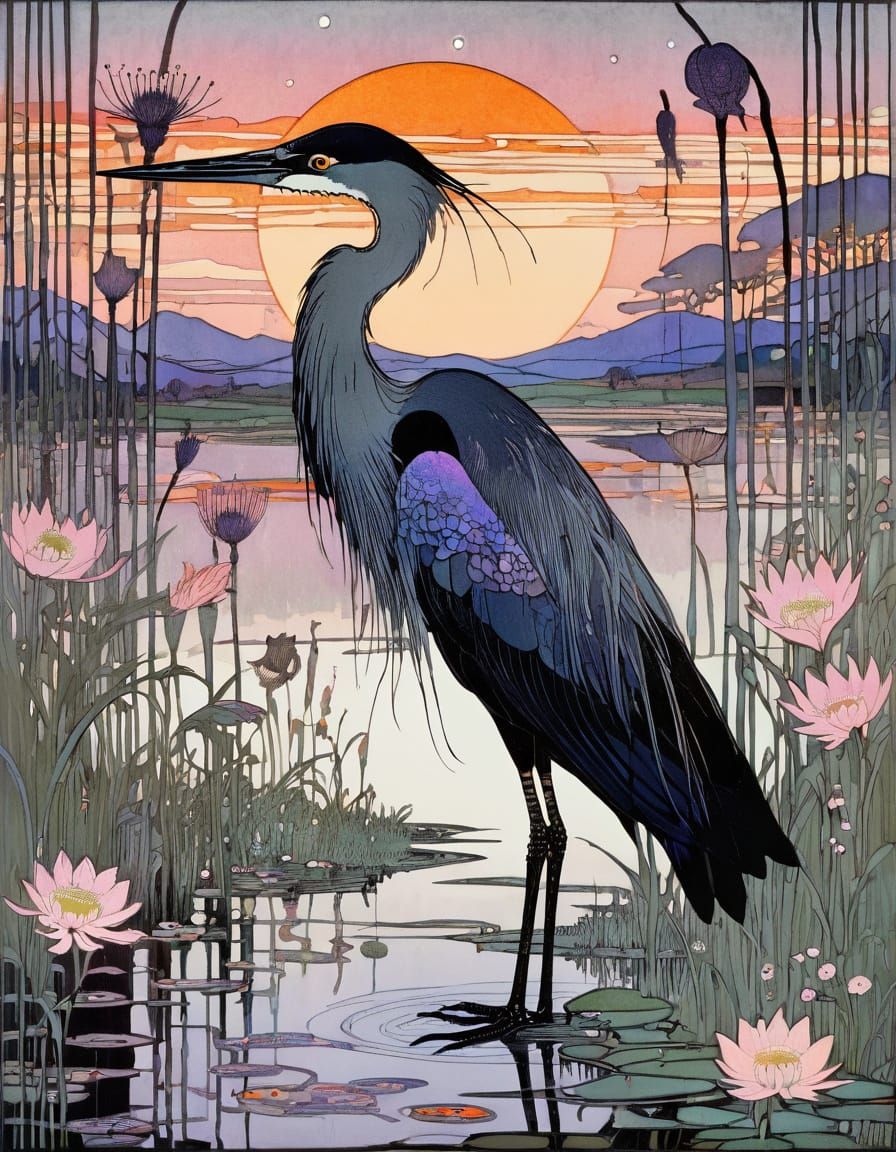 Ethereal Black Heron Amidst Vibrant Floral Bloom