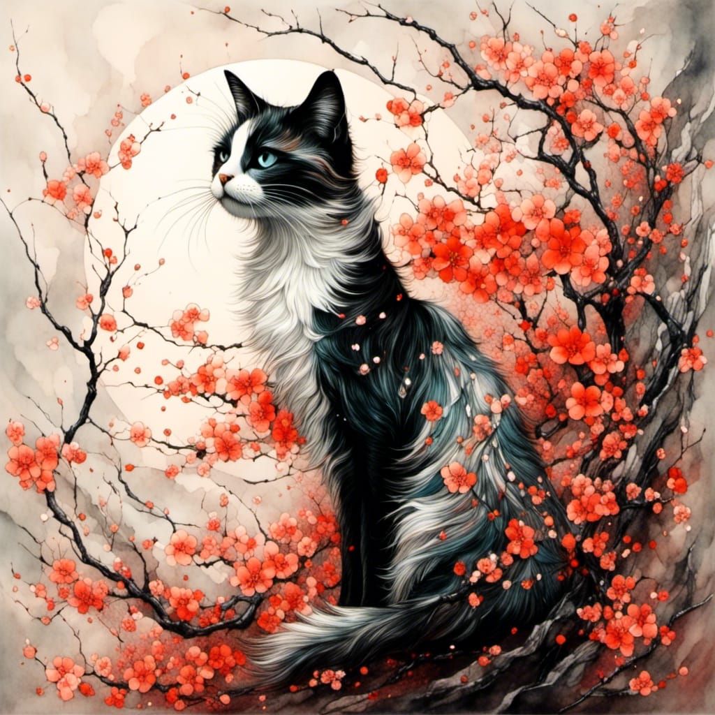 Cat in Japanese Zen Garden with Cherry Blossoms