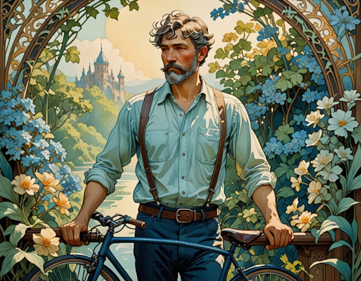 Surreal Art Nouveau Masterpiece of a Cyclist in Whimsical Su...